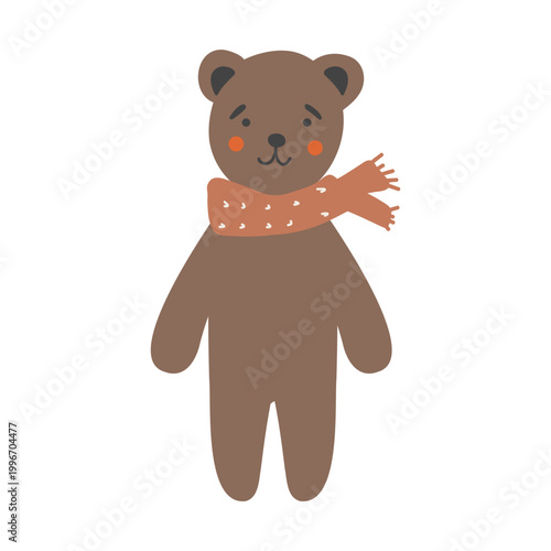 Cute bear character with scarf, simple woodland animal icon in Scandinavian style, hand drawn illustration