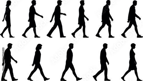 Black silhouettes of people walking in sequence, showing diverse human stride, posture, clothing variations, and motion study isolated background