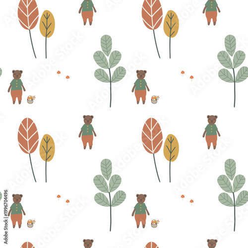 Scandinavian forest bear seamless pattern with trees and mushrooms
