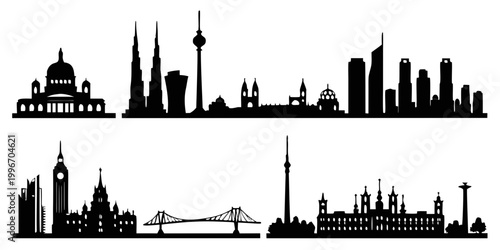 Set of international city skylines silhouettes with silhouette architecture building landmark metropolis landscape panorama downtown business district illustration monochrome isolated