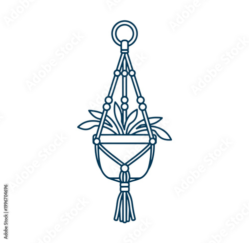 macrame plant hanger with a potted plant hanging from a loop