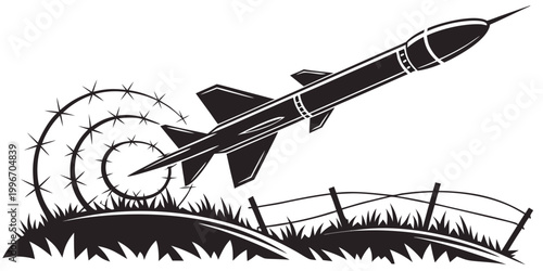 Obraz na plátne Graphic illustration of a missile launching over barbed wire and fence in a gras