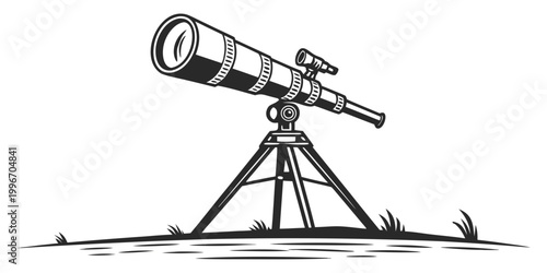 Tableau sur toile Telescope on tripod standing on grass field with black and white amateur astrono