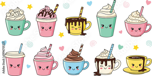Cute kawaii coffee cups and hot drinks collection with smiling faces, sweet cartoon beverage illustration set for cafe design