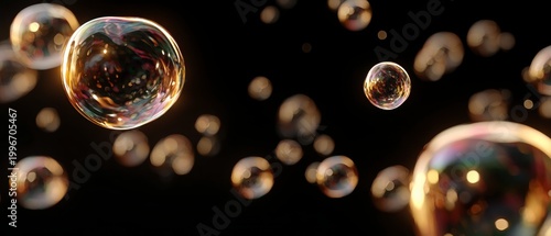 Floating iridescent soap bubbles with rainbow reflections on black background