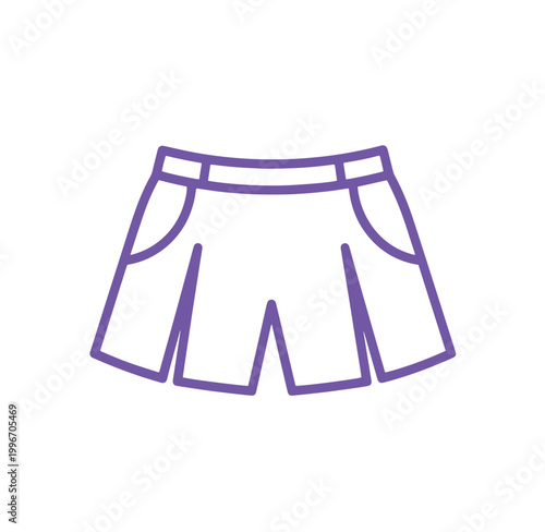 Purple line drawing of a pair of shorts with pockets and belt loops