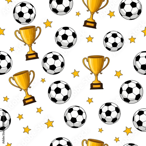 Seamless pattern with soccer balls, gold winner cups and stars on white background.