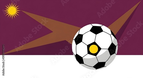 Flat design soccer ball graphic with yellow sun and sharp brown shapes on purple backdrop.