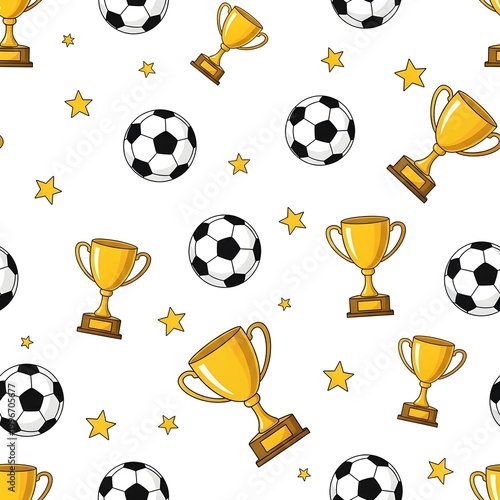 Seamless pattern featuring golden champion trophies and soccer balls with yellow star icons.