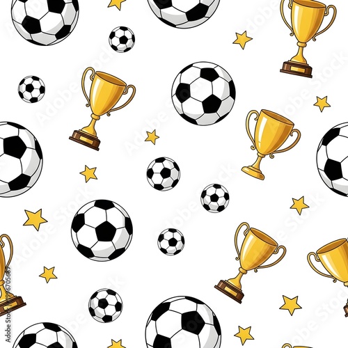 Seamless pattern with soccer balls, gold winner cups and stars on white background.