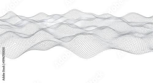 Abstract undulating hexagonal mesh grid creating wave pattern on white background.