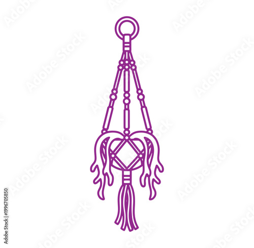 Purple macrame plant hanger with tassel and beads on white background