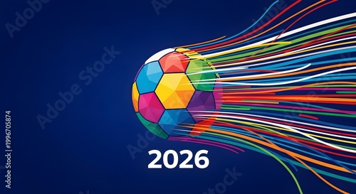Colorful soccer ball flying through air with vibrant trails against dark blue background.