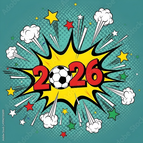 Retro style soccer world championship 2026 graphic with yellow burst and green stars motif.