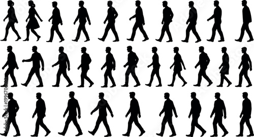 Human walking silhouettes in sequential motion stages, male and female figures with diverse clothing styles isolated on white background