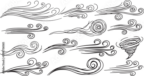 Doodle air wind motions. Isolated vector set of abstract swirls, blow waves, curve spirals in black colors, capturing the dynamic essence of movement and energy in a playful 