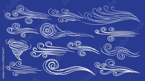 Doodle air wind motions. Isolated vector set of abstract swirls, blow waves, curve spirals in black colors, capturing the dynamic essence of movement and energy in a playful 