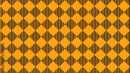 A modern abstract background with vibrant orange diamond shapes integrated into a vertical black and orange striped pattern.