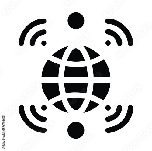 Global connectivity icon, vector illustration of a globe surrounded by wireless signal waves, representing worldwide internet access, communication, and network technology