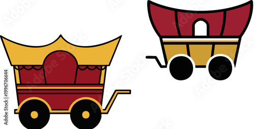 Vintage circus wagon vector set, antique carnival caravan illustrations, red and gold traditional fairground carts, 2 decorative festival carriage icons