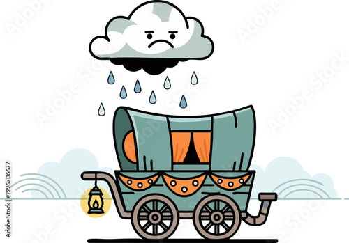 Vintage circus wagon illustration under a sad rain cloud, retro carnival caravan vector, whimsical nomadic gypsy cart with lantern and raindrops