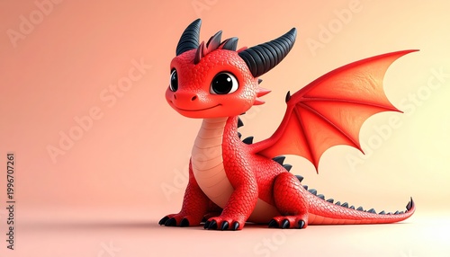 Red Cartoon Dragon with Wings and Horns.