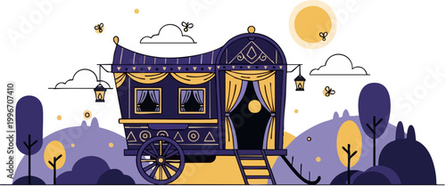 Bohemian gypsy caravan vector illustration, mystical purple vardo wagon with yellow curtains, whimsical nomadic home in a magical landscape