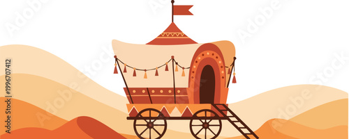 Vintage bohemian caravan in desert landscape, traditional gypsy wagon vector illustration, nomadic house on wheels with decorative tassels and flag