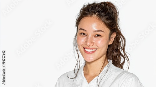 Portrait of a beautiful young Asian woman with a natural glow and healthy skin smiling warmly at the camera against a clean white studio background