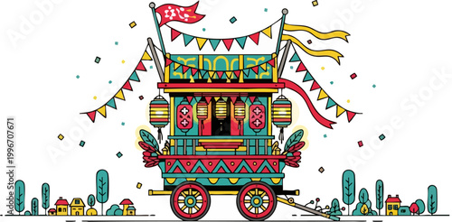 Traditional festival cart vector illustration, ornate carnival wagon with lanterns and bunting, vintage parade float with decorative flags