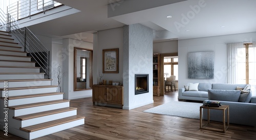 Modern living room interior with stairs, fireplace, and sofa. Natural light, cozy atmosphere