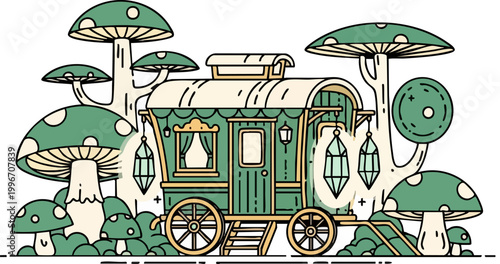 Whimsical fantasy gypsy wagon vector, bohemian caravan house in mushroom forest, vintage fairytale tiny home illustration with lanterns