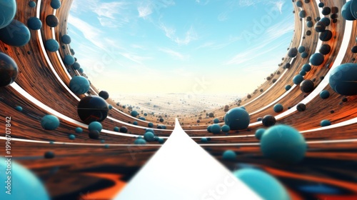 Embark on a surreal journey through a luminous geometric portal leading toward a vast natural horizon.