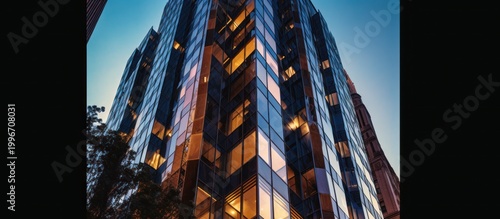 The vibrant pulse of city life glows through the glass of a towering corporate monolith.