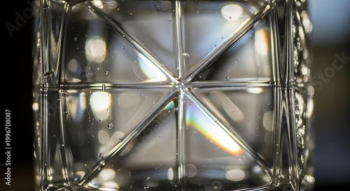 Clear Glass Cube with Reflections and Bubble Details in Light