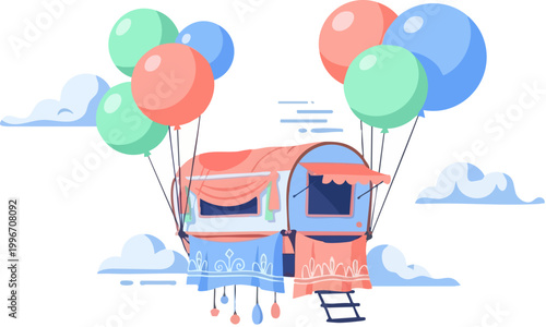 Whimsical flying caravan with colorful balloons, magical nomadic wagon floating in the sky, fantasy travel trailer vector illustration for children
