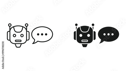 Black and white robot icons with speech bubbles for chatbot or ai communication isolated on white background