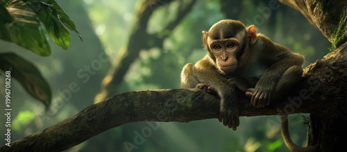 A curious primate finds a moment of quiet contemplation within the sun-dappled emerald canopy.