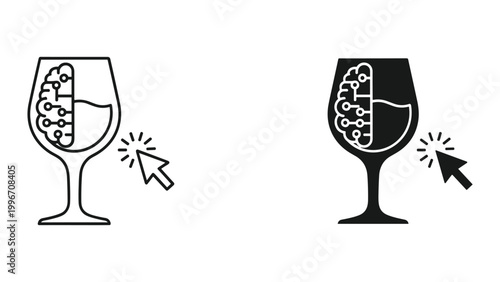 Black and white wine glass with a brain and circuit board inside and a computer mouse cursor clicking on it