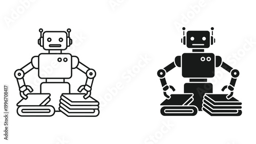 Two robots with books on white background for education or technology concepts