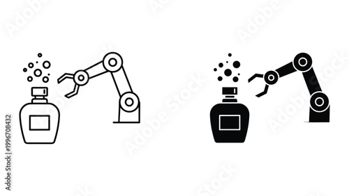 A set of robotic arms interacting with perfume bottles in black and white line art style on white background
