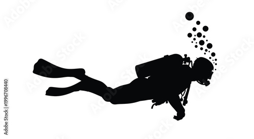 A scuba diver explores the depths with bubbles rising a stark silhouette