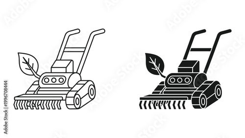 Black and white illustrations of lawn mowers with leaves on a white background