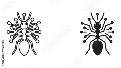 Vector illustration of two futuristic robotic ants with multiple limbs on white background