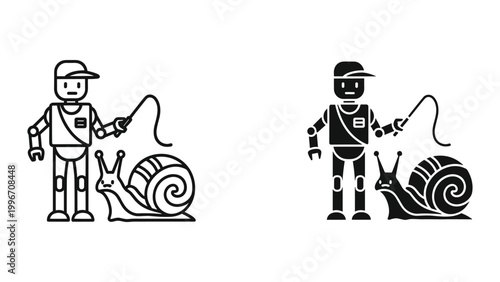 A robot is walking a snail on a leash in a cute illustration