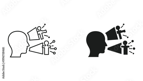 Black and white line and solid icon of a head with multiple microphones and speakers coming out