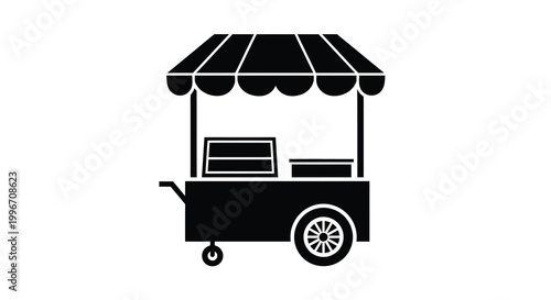 A black graphic depicts a market stall with a striped awning silhouette