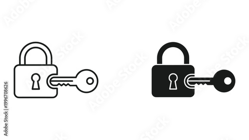 Black and white line icons of padlock and key for security and protection concepts isolated on white background