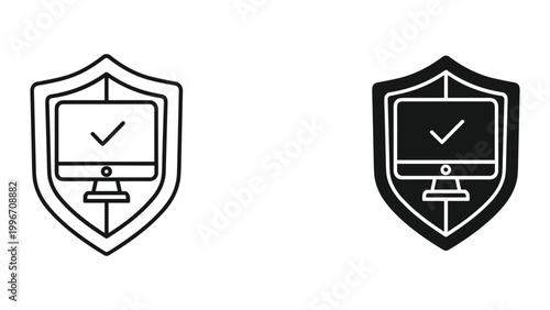 Free Download Black and white shield icons with computer monitor and checkmark for cybersecurity and protection concepts isolated on white background - GFXLoad