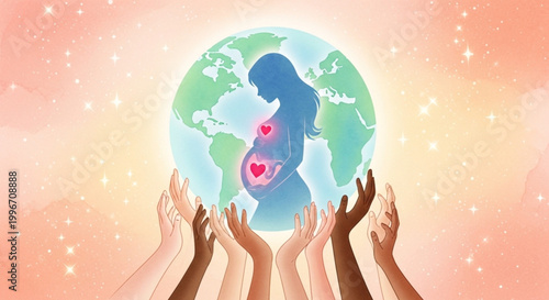  International Day of the Midwife A symbol of new life and global unity, hands cradle the earth with a pregnant silhouette at its core
